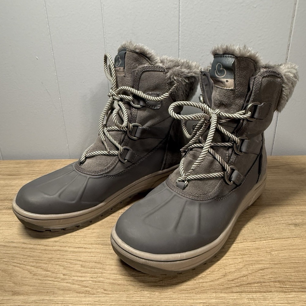 Baretraps Danula Boots Women 8M Gray‎ Lace Up Leather All Weather Faux Fur Snow
